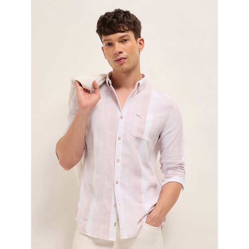 THE BEAR HOUSE Men's Pink Slim Fit Striped Cotton Casual Shirt (L)