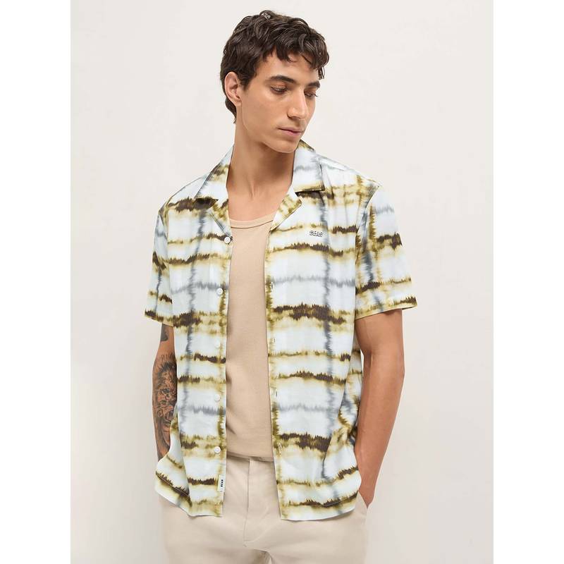 THE BEAR HOUSE Men's Olive Relaxed Fit Tie and Dye Cotton Casual Shirt (M)
