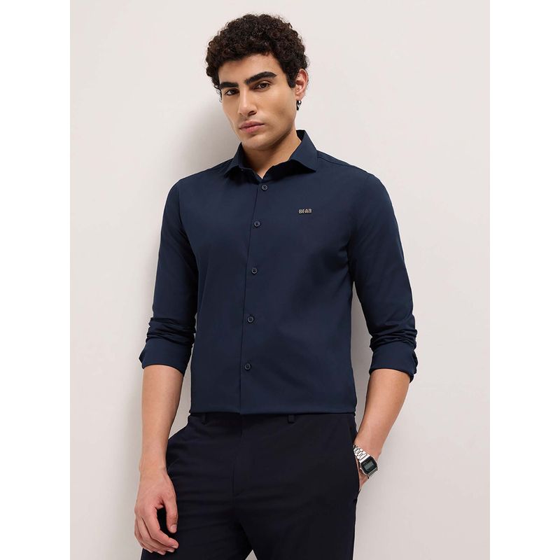THE BEAR HOUSE Men's Navy Blue Tailored Fit Solid Cotton Formal Shirt (S)