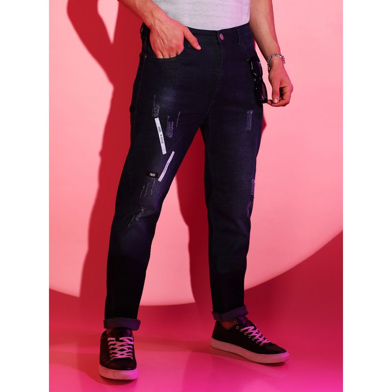 Campus Sutra Men Dark-Wash Distressed Denim Jeans with Embroidered Details (32)