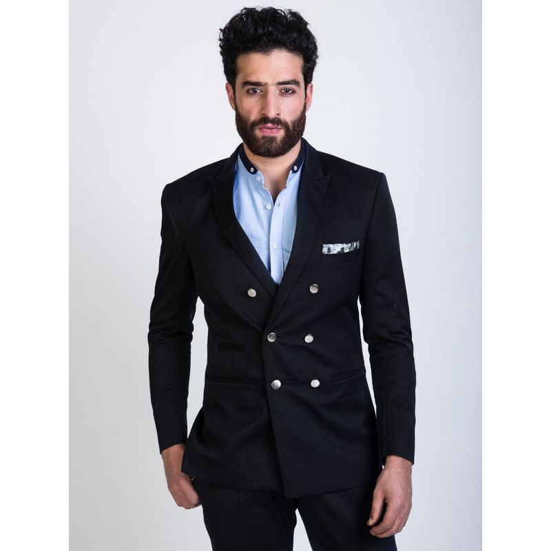MR BUTTON Men Black Solid Double-Breasted Blazer (L)