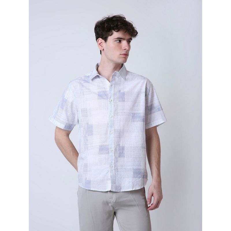 BLNK Blue Abstract Printed Linen Blend Short Sleeve Casual Blue Shirt (S)