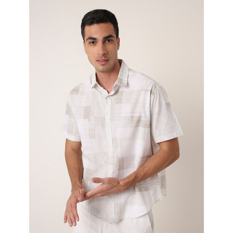 BLNK Khaki Abstract Printed Linen Blend Short Sleeve Casual Khaki Shirt (S)