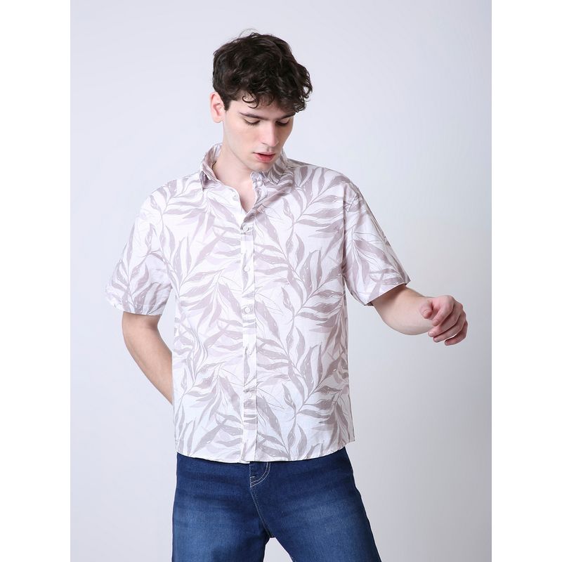 BLNK Grey Men Leaf Printed Linen Blend Short Sleeve Casual Shirt (S)