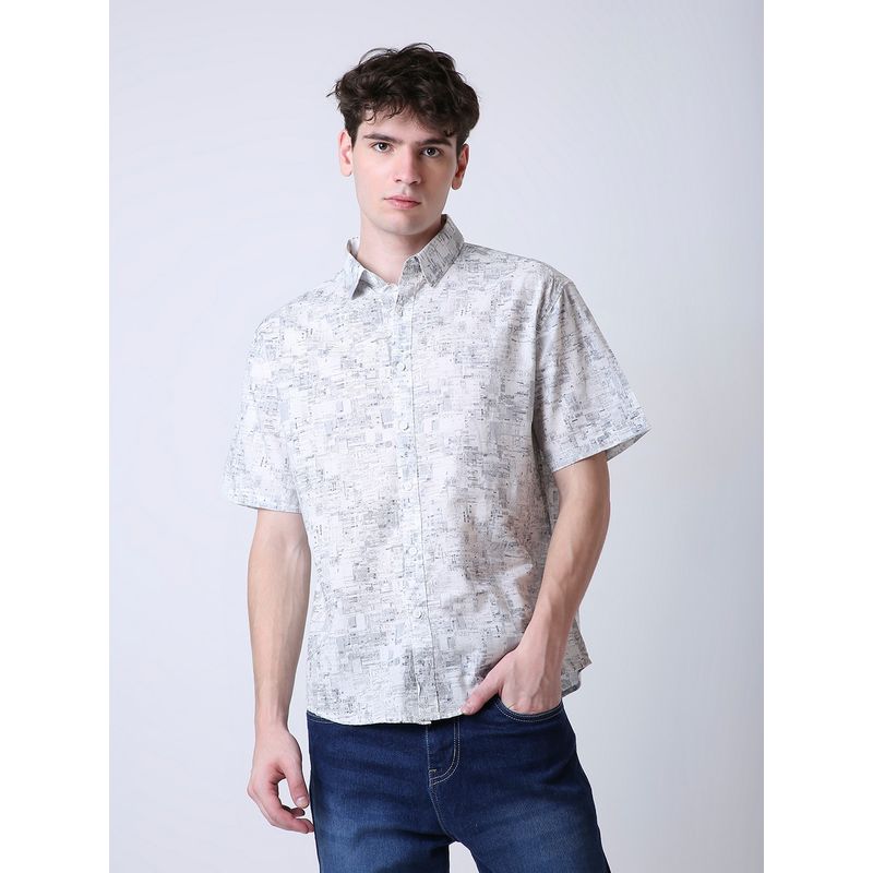 BLNK Olive Abstract Printed Linen Blend Short Sleeve Casual Olive Shirt (S)