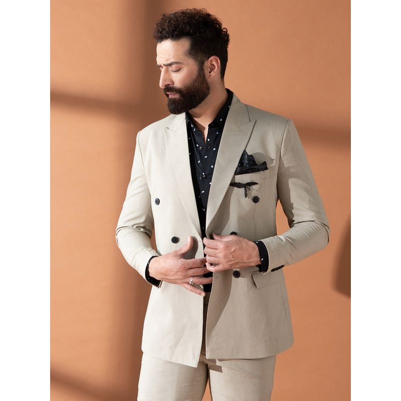 MR BUTTON Men Beige Solid Double-Breasted Blazer (L)