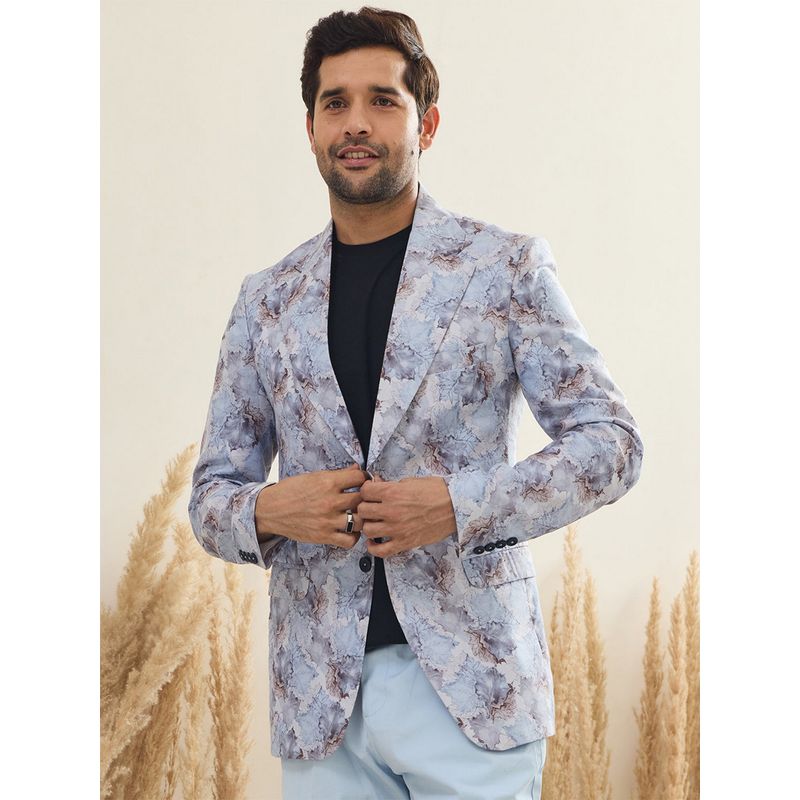 MR BUTTON Men Blue Printed Single-Breasted Blazer (XL)