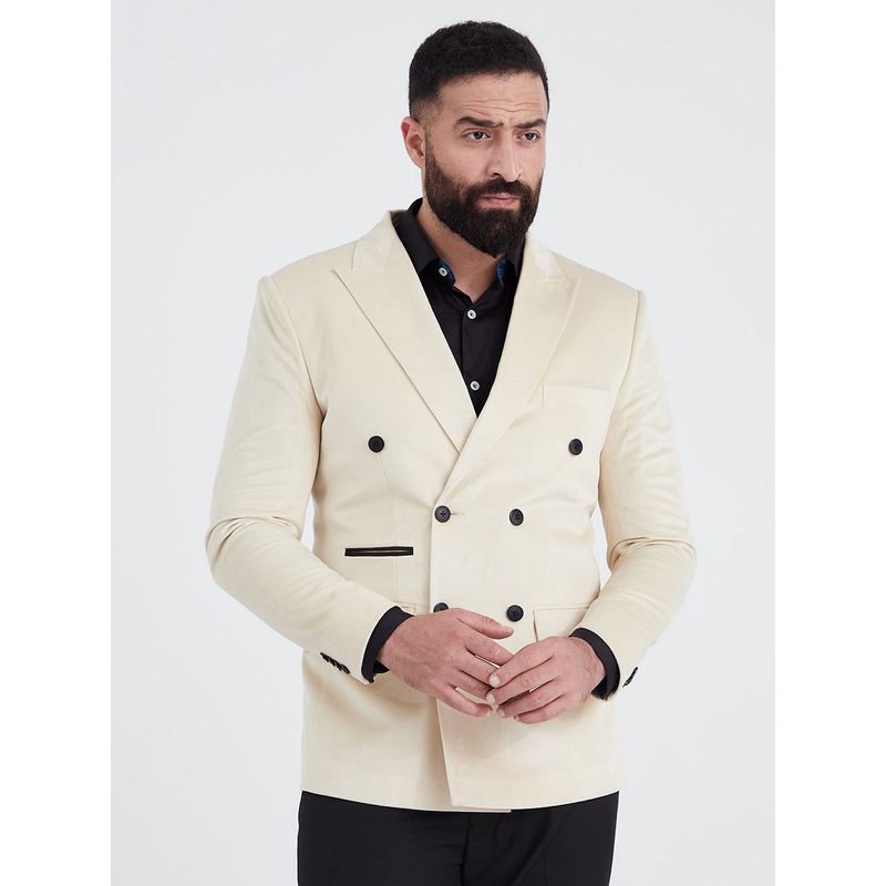 MR BUTTON Men Beige Solid Double-Breasted Blazer (M)
