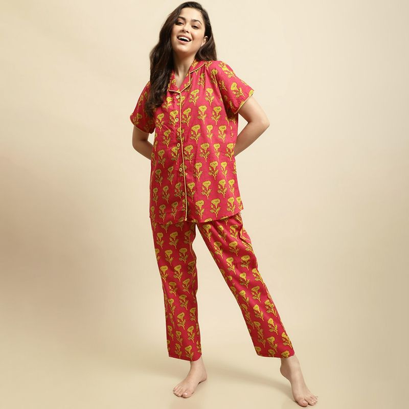 Secret Wish Womens Pink & Yellow Sanganeri Floral Print Night Suit (Set of 2) (S)