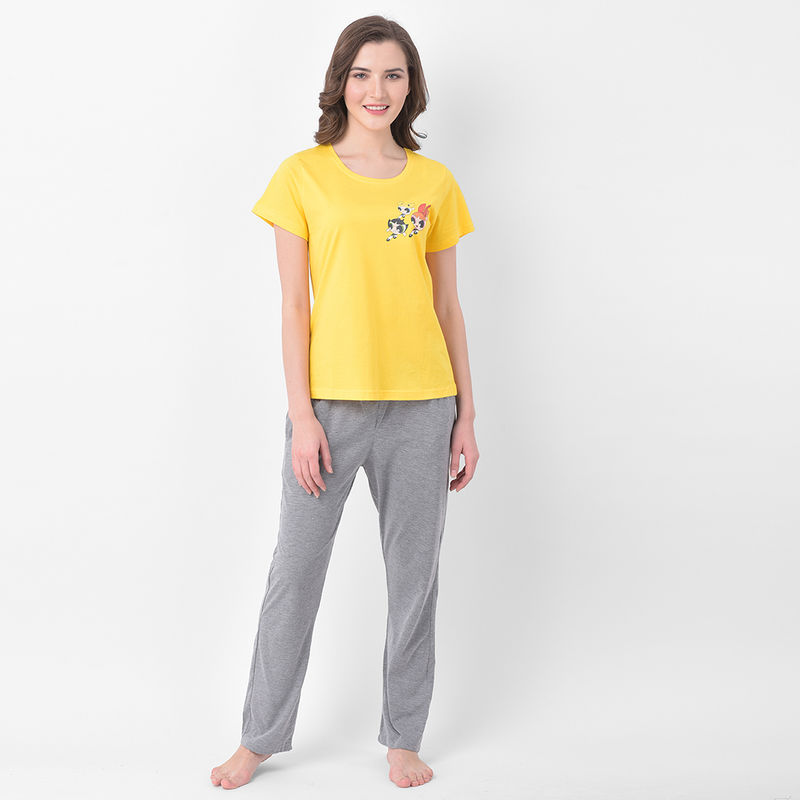 Clovia Cotton Solid Pyjama with Printed Top - Yellow (S)