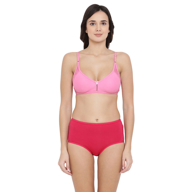 Clovia Cotton Rich Non-Padded Non-Wired T-Shirt Bra & High Waist Hipster Panty - Pink (34B)