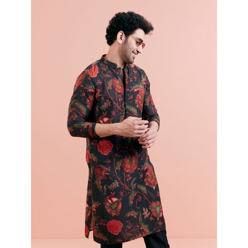 KISAH Men Black Printed Cotton Blend Kurta with Abstract Print (42)