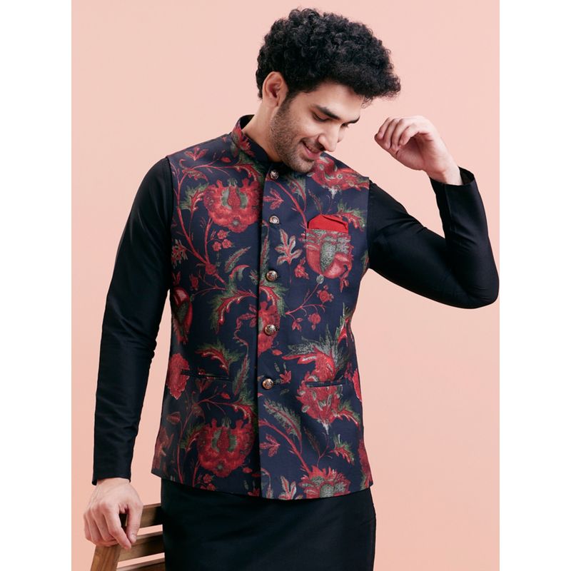 KISAH Men Black Printed Cotton Blend Nehru Jacket with Floral Design (40)