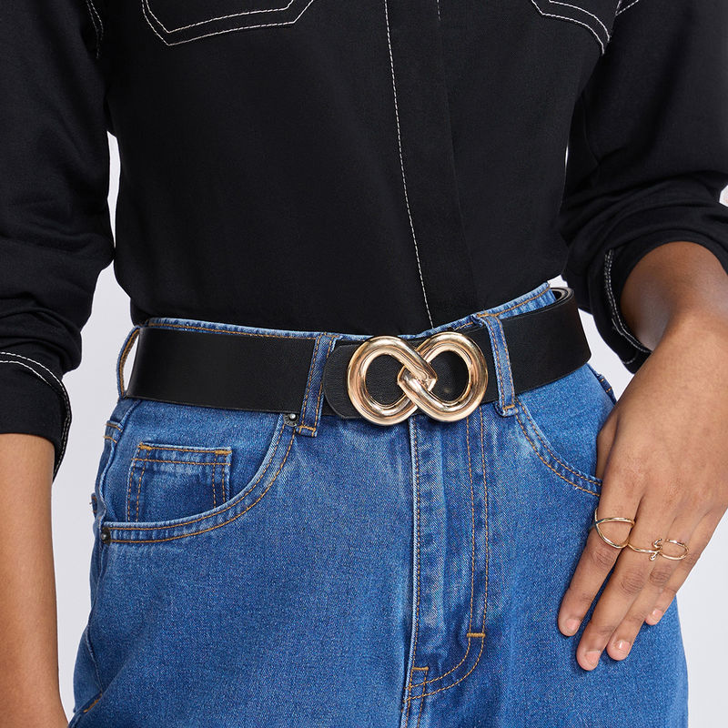 Twenty Dresses by Nykaa Fashion Black Solid Golden Infinity Metal Buckle  Jeans Belt