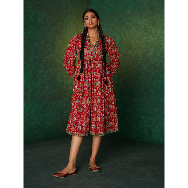 Likha Siyah Begar Red Jaipuri Printed Alia Cut Gather Dress LIKDRS40 (M)
