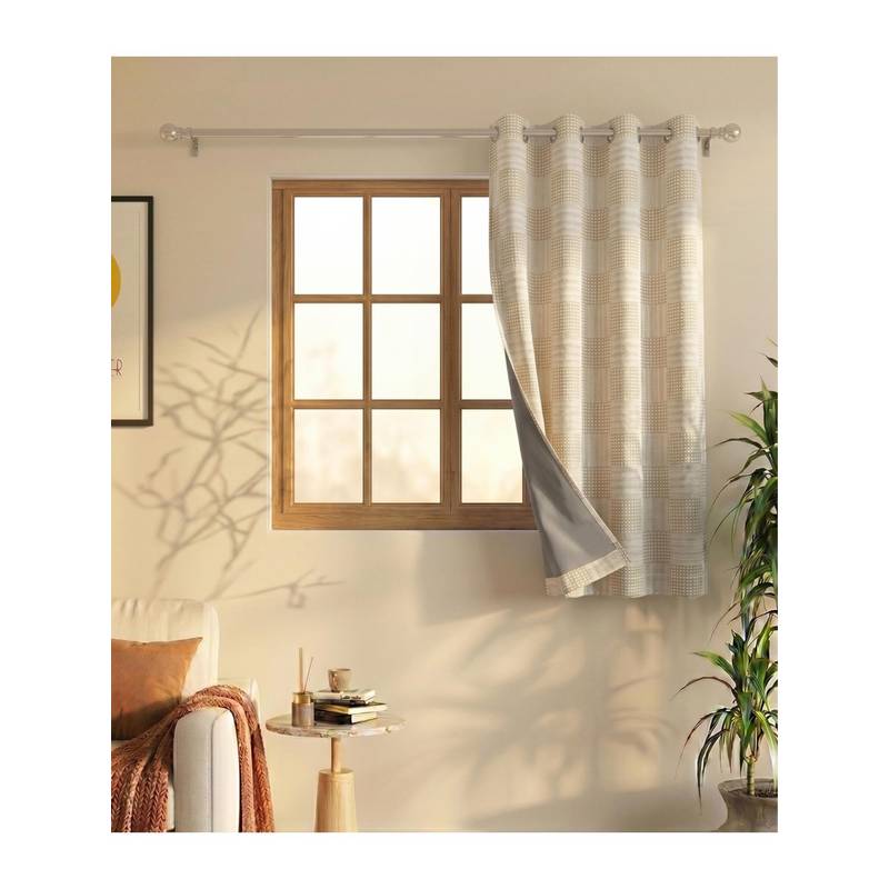 Saral Home Check Cotton Woven Window Curtain 100% Light Blocking - Beige (5 Feet)