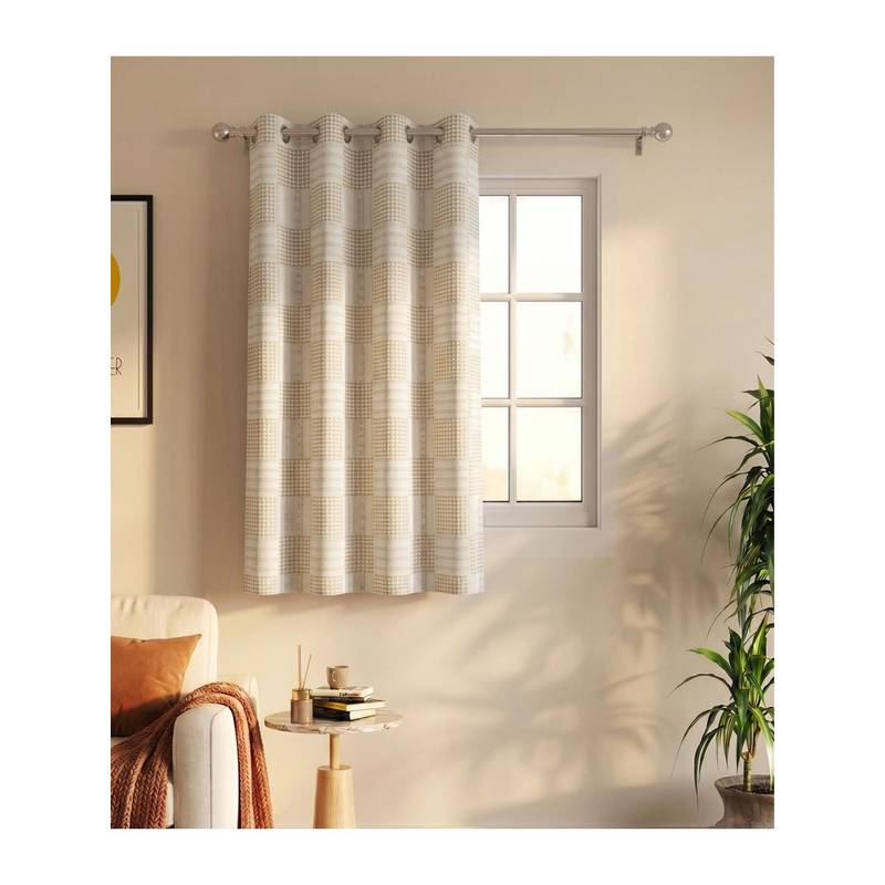 Saral Home Check Cotton Woven Window Curtain 75% Light Blocking - Beige (5 Feet)