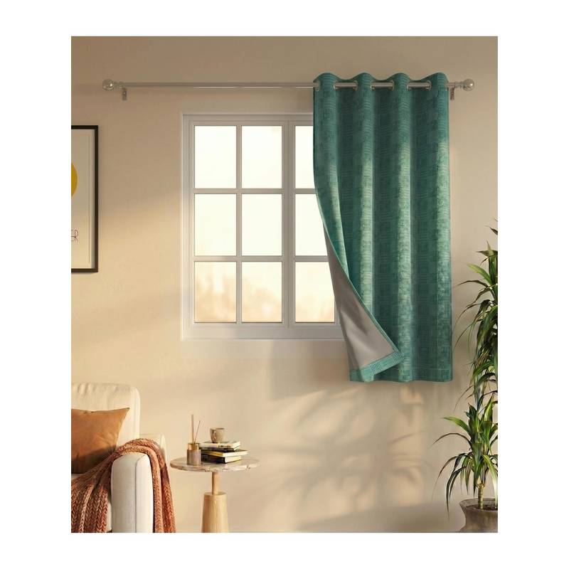 Saral Home Check Cotton Woven Window Curtain 100% Light Blocking - Green (5 Feet)