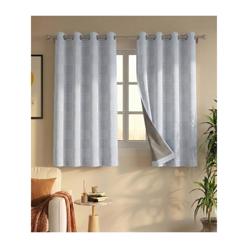 Saral Home Check Cotton Woven Window Curtain 100% Light Blocking - Grey (5 Feet)