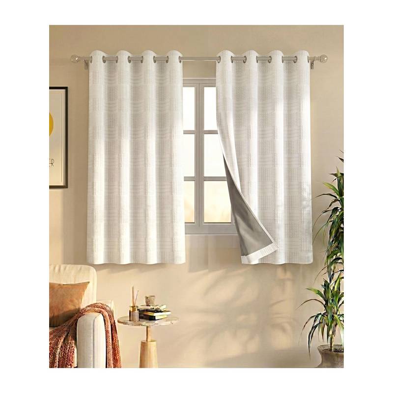 Saral Home Check Cotton Woven Window Curtain 100% Light Blocking - Ivory (5 Feet)