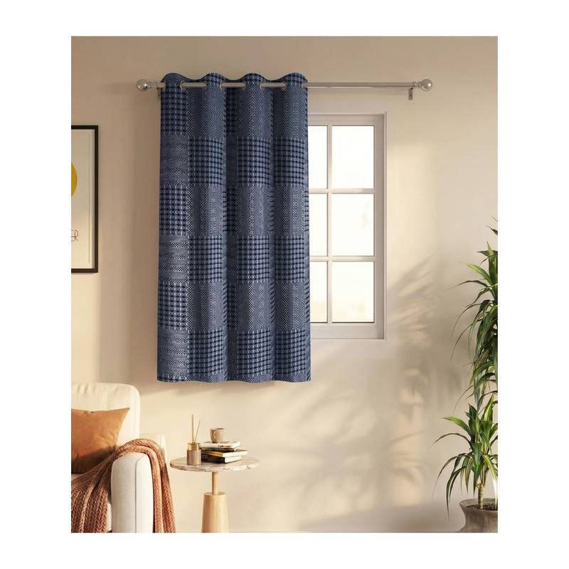 Saral Home Check Cotton Woven Window Curtain 75% Light Blocking - Navy Blue (5 Feet)