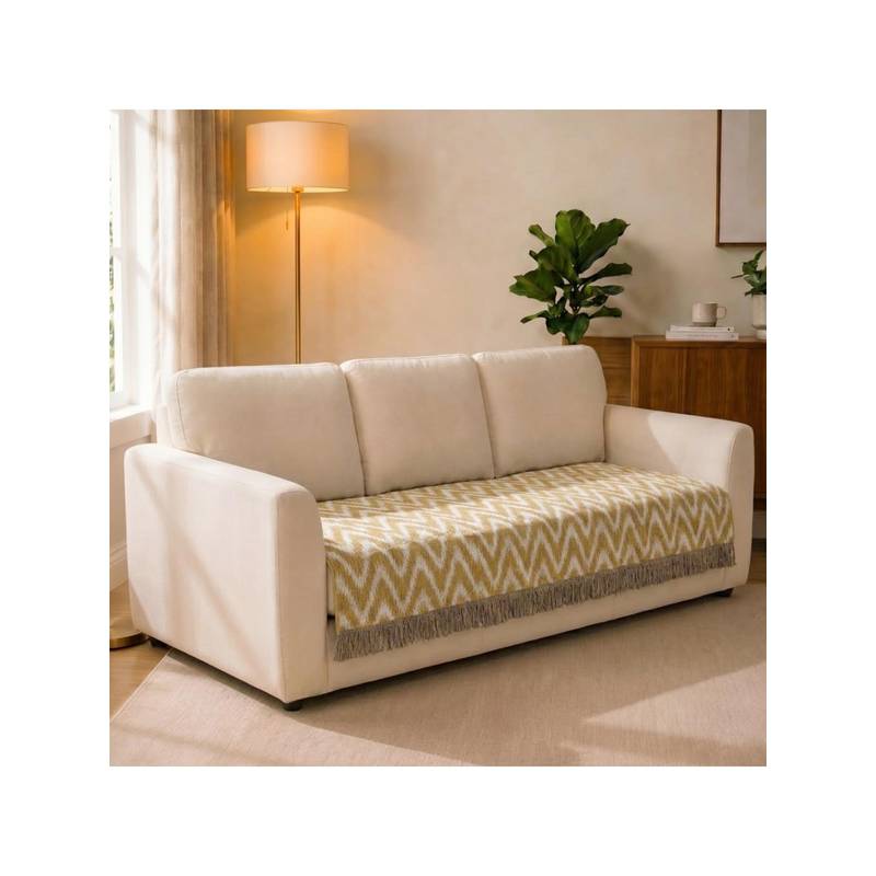 Saral Home VW Sofa Cover Cotton Chevron with Fringe - Yellow (3 Seater)