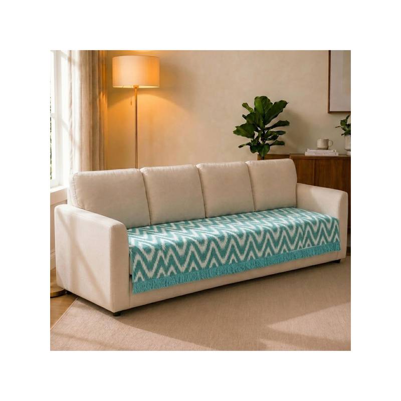 Saral Home VW Sofa Cover Cotton Chevron with Fringe - Aqua (4 Seater)
