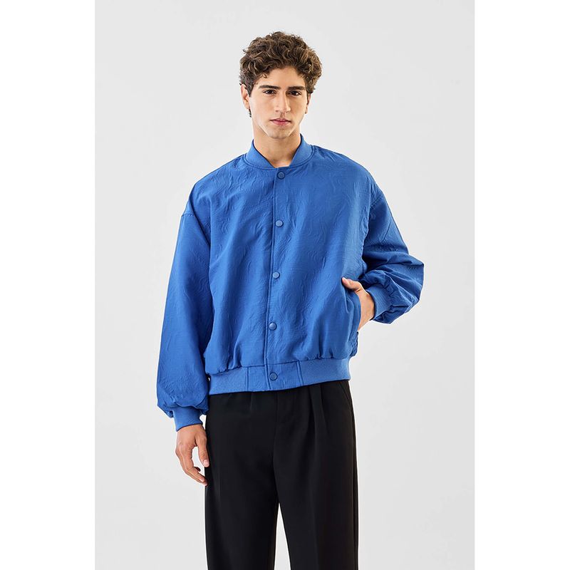 Snitch Blue Textured Full Sleeves Oversized Casual Jacket for Men (L)
