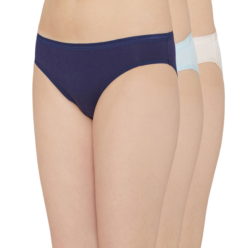 Wacoal Cotton Bikini Low Waist Medium Coverage Solid Panties Navy Blue, Blue, Pink (Pack of 3) (L)