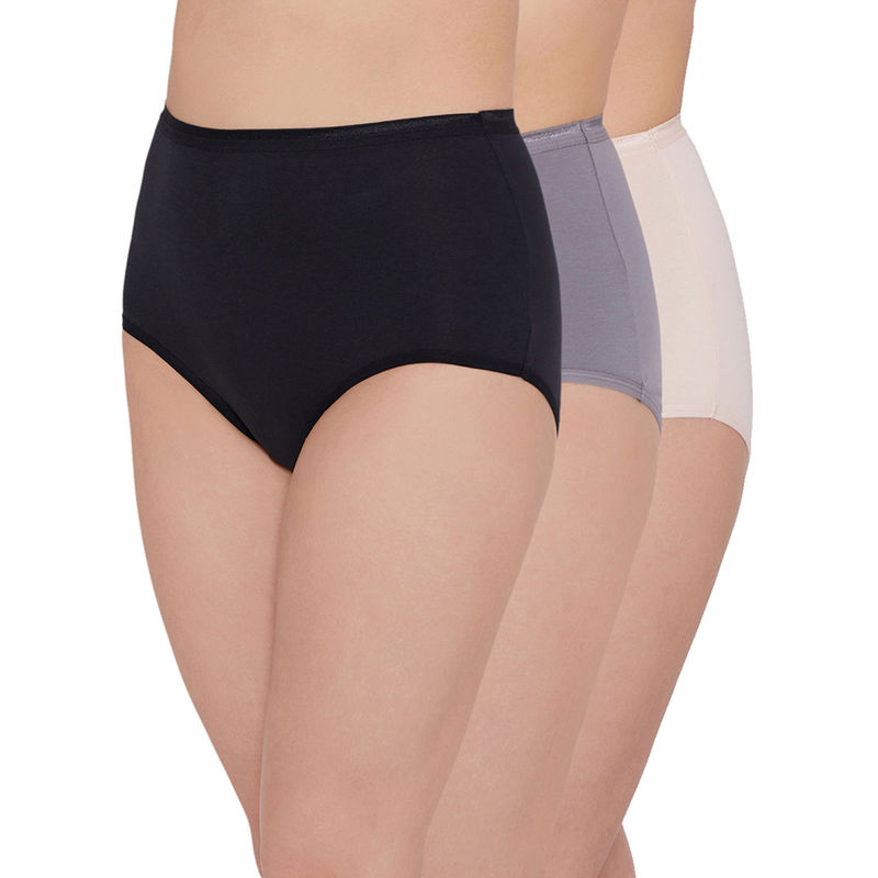 Wacoal Cotton Full Brief High Waist Full Coverage Solid Panties Black, Beige, Grey (Pack of 3) (L)