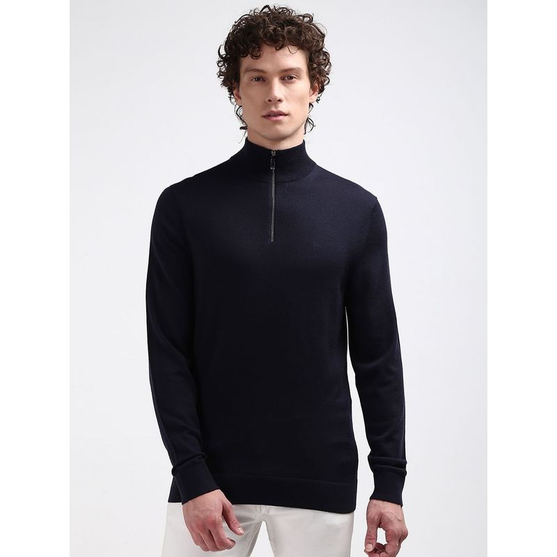 Calvin Klein Navy Blue Solid Regular Fit Wool Sweater (XL)