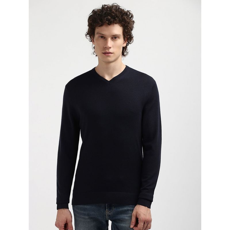 Calvin Klein Navy Blue Solid Regular Fit Wool Sweater (S)