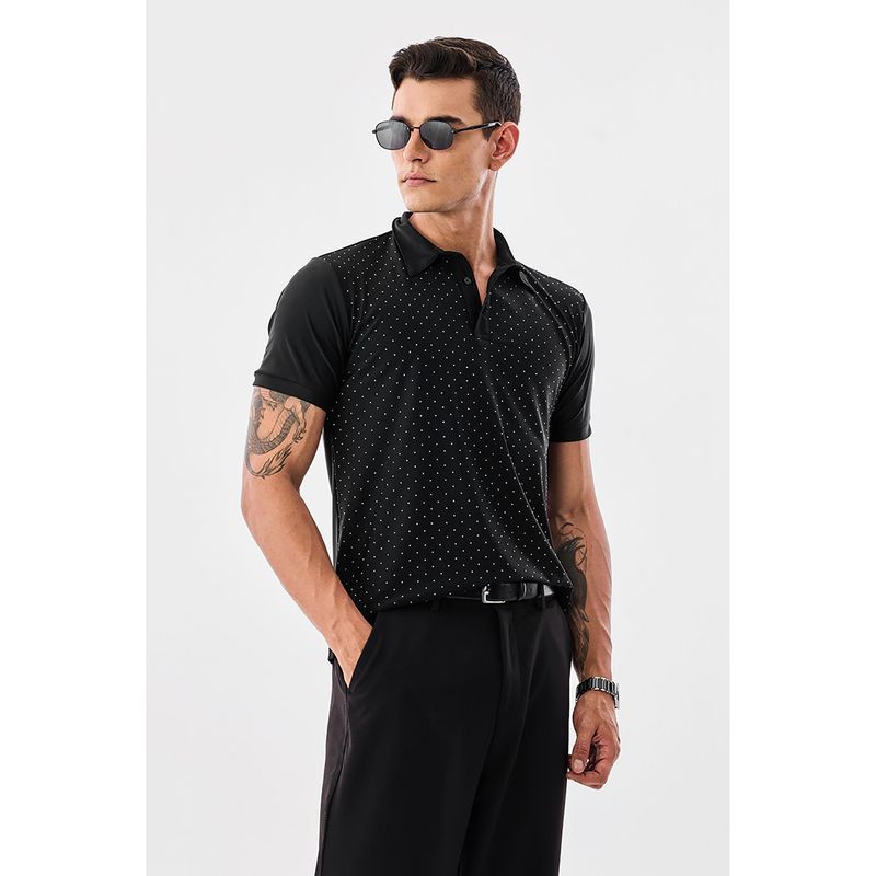 Snitch Black Polka Dots Regular Fit Polo T-Shirt (XS)