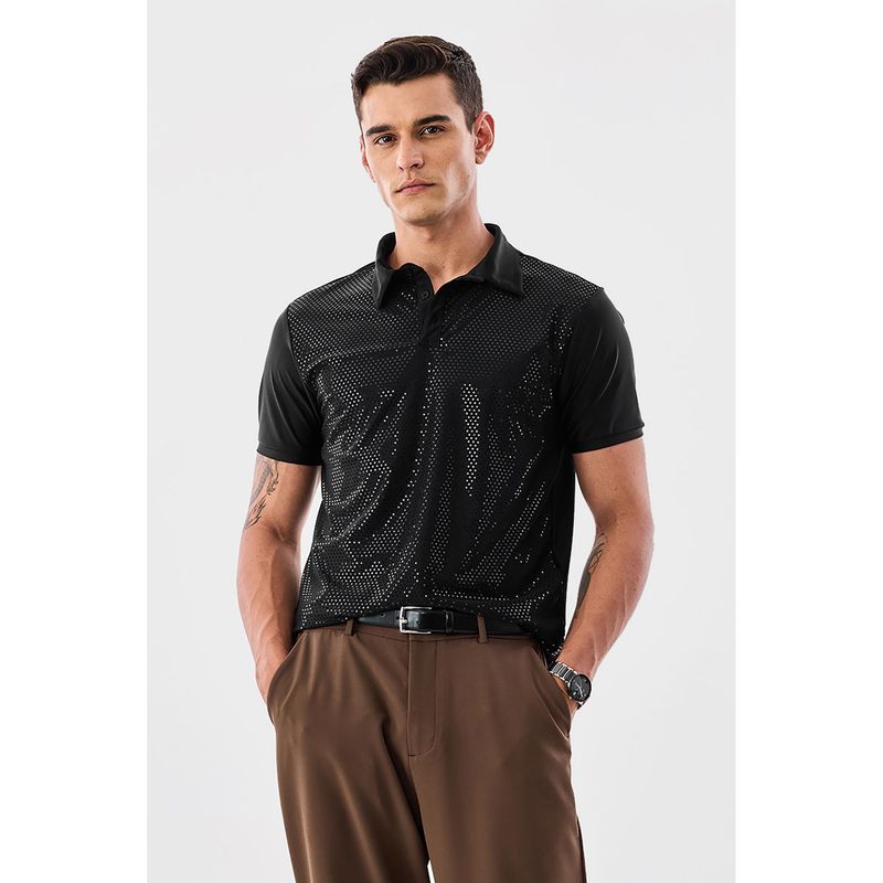 Snitch Black Embellished Regular Fit Polo T-Shirt (2XL)