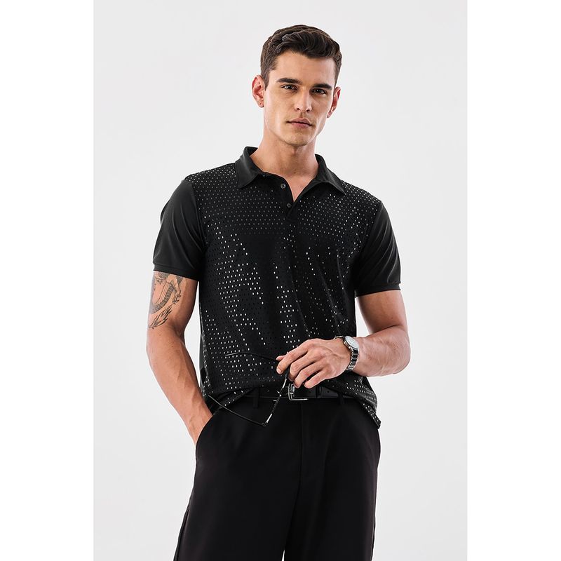 Snitch Black Embellished Regular Fit Polo T-Shirt (M)