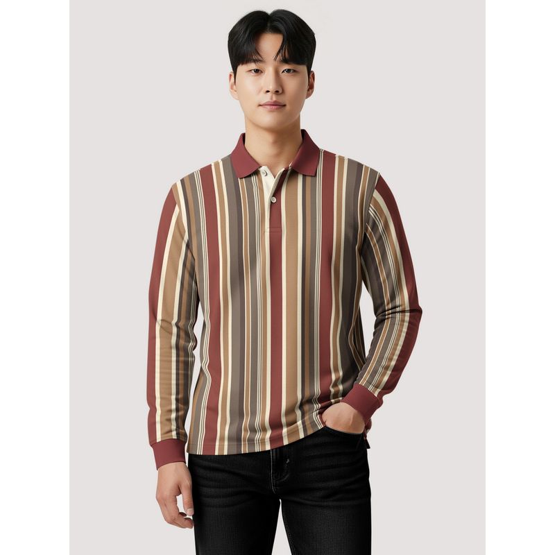 BULLMER Men Multi-Color Cotton Stripes Full Sleeves Polo T-Shirt (L)
