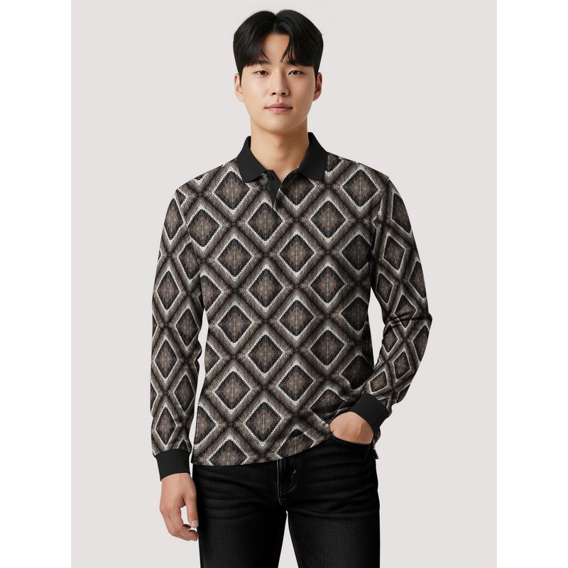 BULLMER Black Cotton Geometric Full Sleeves Polo T-Shirt (3XL)