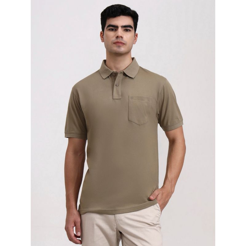 Greenfibre Cotton Blend Olive Solid Collar Neck Polo T-Shirt (38)