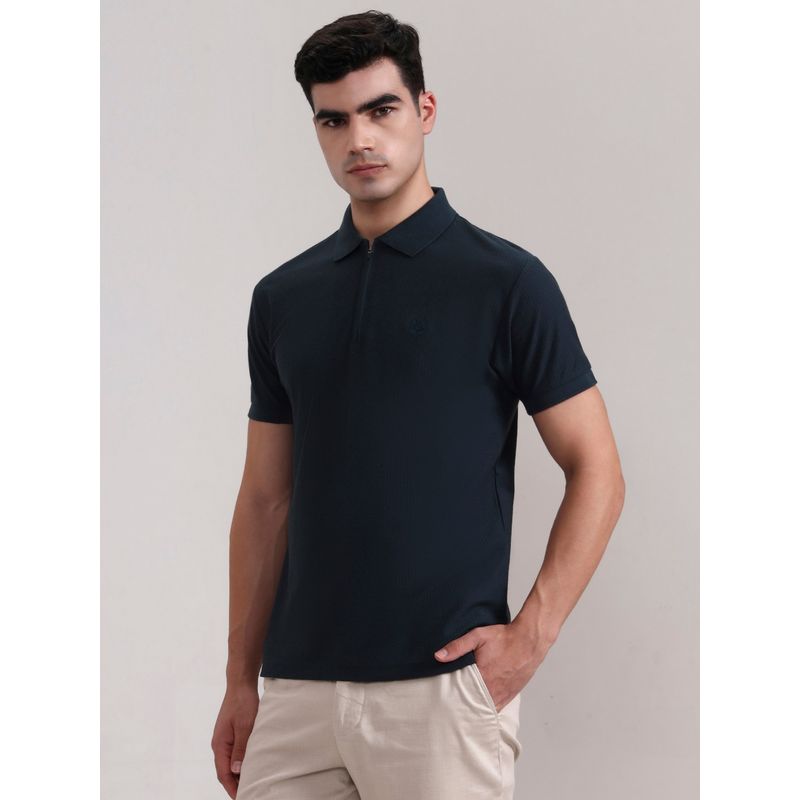 Greenfibre Cotton Blend Navy Blue Stripes Collar Neck Polo T-Shirt (38)
