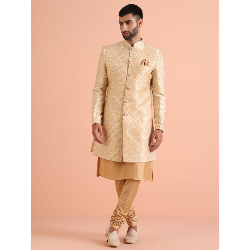KISAH Men Gold Kurta and Sherwani with Churidar (Set of 3) (S)