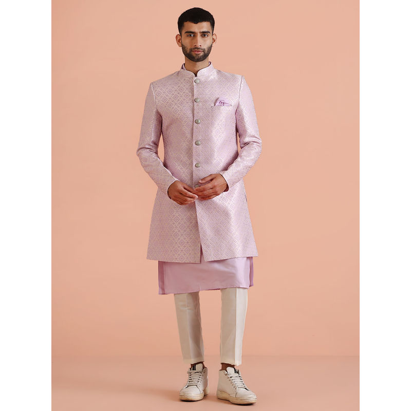 KISAH Men Lilac Textured Silk Blend Jacquard Kurta Indowestern Sherwani Trouser Set with Self Design (M)