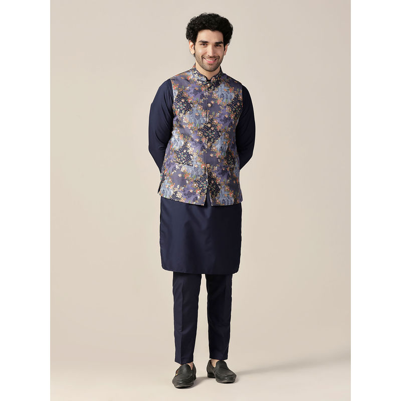KISAH Men Navy Blue Kurta and Jacket with Pant (Set of 3) (L)