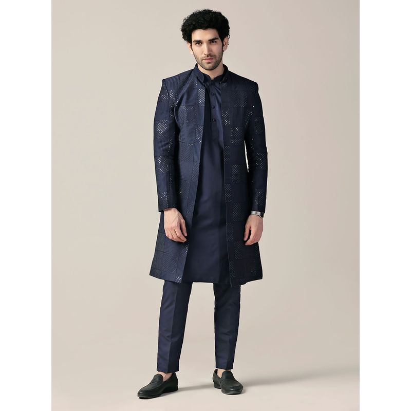 KISAH Men Navy Blue Textured Silk Blend Kurta Indowestern Sherwani Trouser Set with Sequinned (XL)