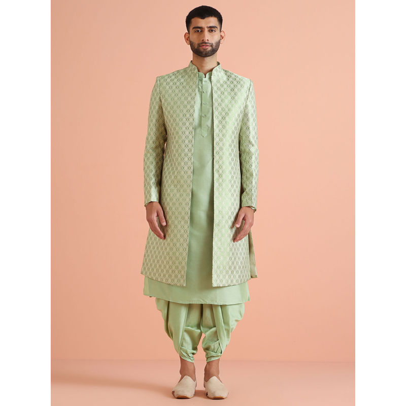 KISAH Men Green Kurta and Sherwani with Dhoti (Set of 3) (S)