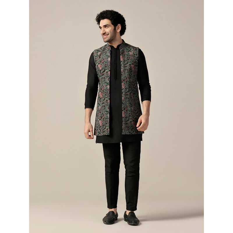KISAH Men Black Printed Cotton Blend Kurta Jacket Trouser Set with Kantha Print (M)