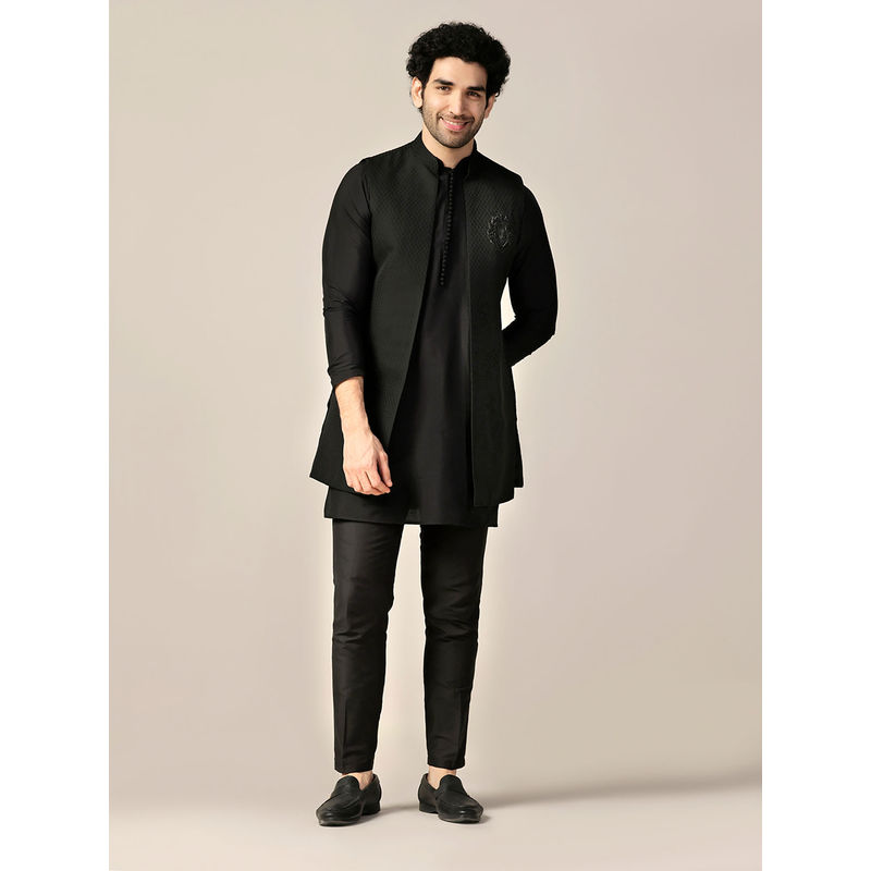 KISAH Men Black Kurta and Jacket with Pant (Set of 3) (M)