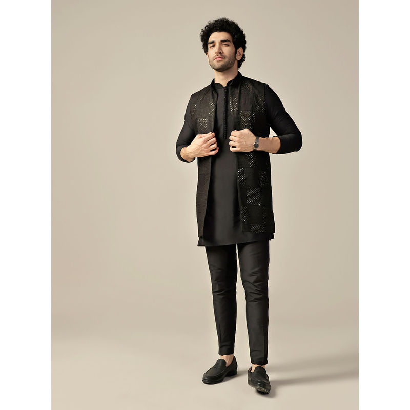 KISAH Men Black Kurta and Jacket with Pant (Set of 3) (L)