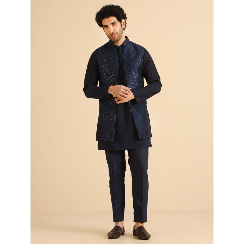 Blue Mens Cutdana Work Jacket Kurta and Pant Set main image 0