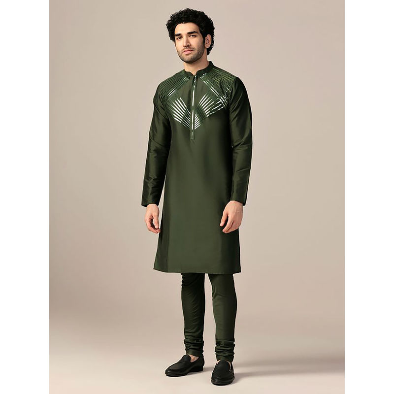 KISAH Men Olive Green Tape Work Embellishment Cotton Blend Kurta Churidar Set with Zari Design (XL)
