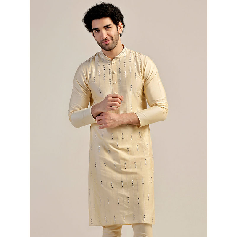 KISAH Men Cream Mirror Work Embroidery Cotton Blend Kurta with Zari Design (L)